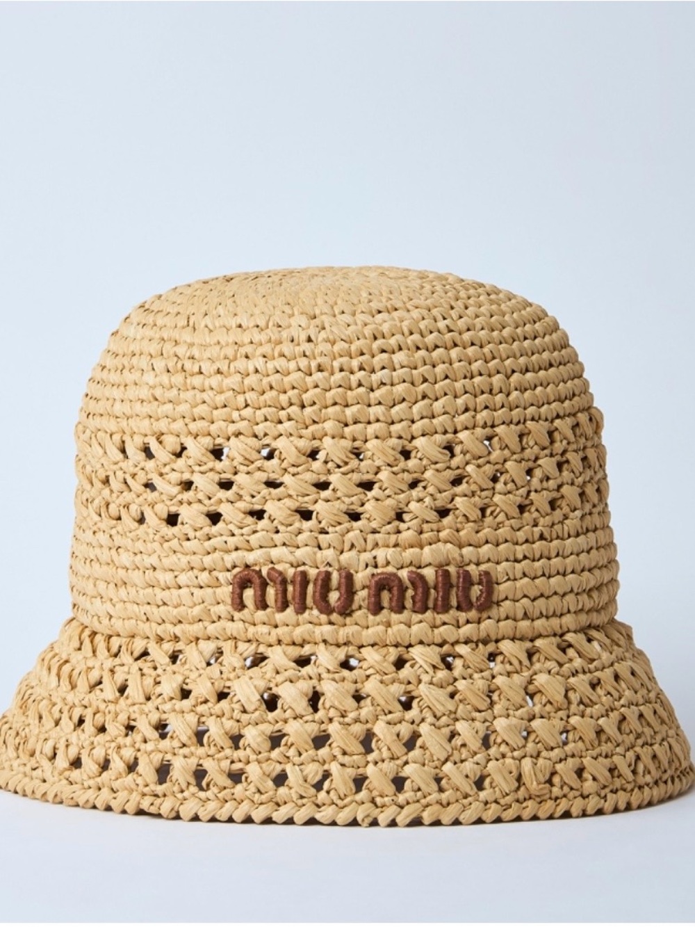 Miu Miu Beige Straw Crochet Bucket Hat with Brown Logo